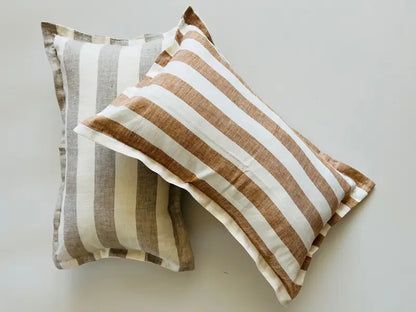 Pure French Linen Lumbar Cushion Cover with Flange Detail - Wide Toffee Stripe