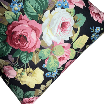 Vintage floral cushion on dark ground with check reverse