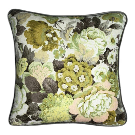 This distinctive vintage Floral features an uncommon color scheme that harmonizes effectively with greens, neutrals, and subtle pinks.
