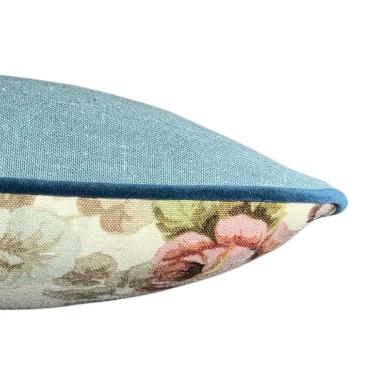 Floral patterned pillow with roses and leaves on a white background Vintage Sanderson 30x30cm Blue back denim Velvet pipe