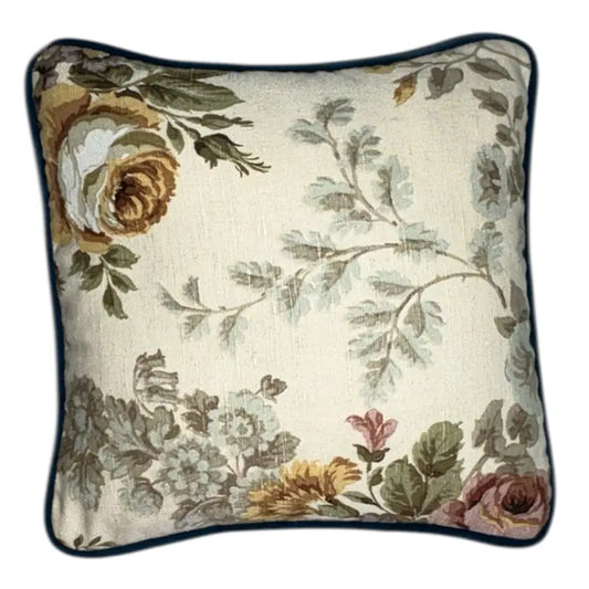 Floral patterned pillow with roses and leaves on a white background Vintage Sanderson 30x30cm Blue back denim Velvet pipe
