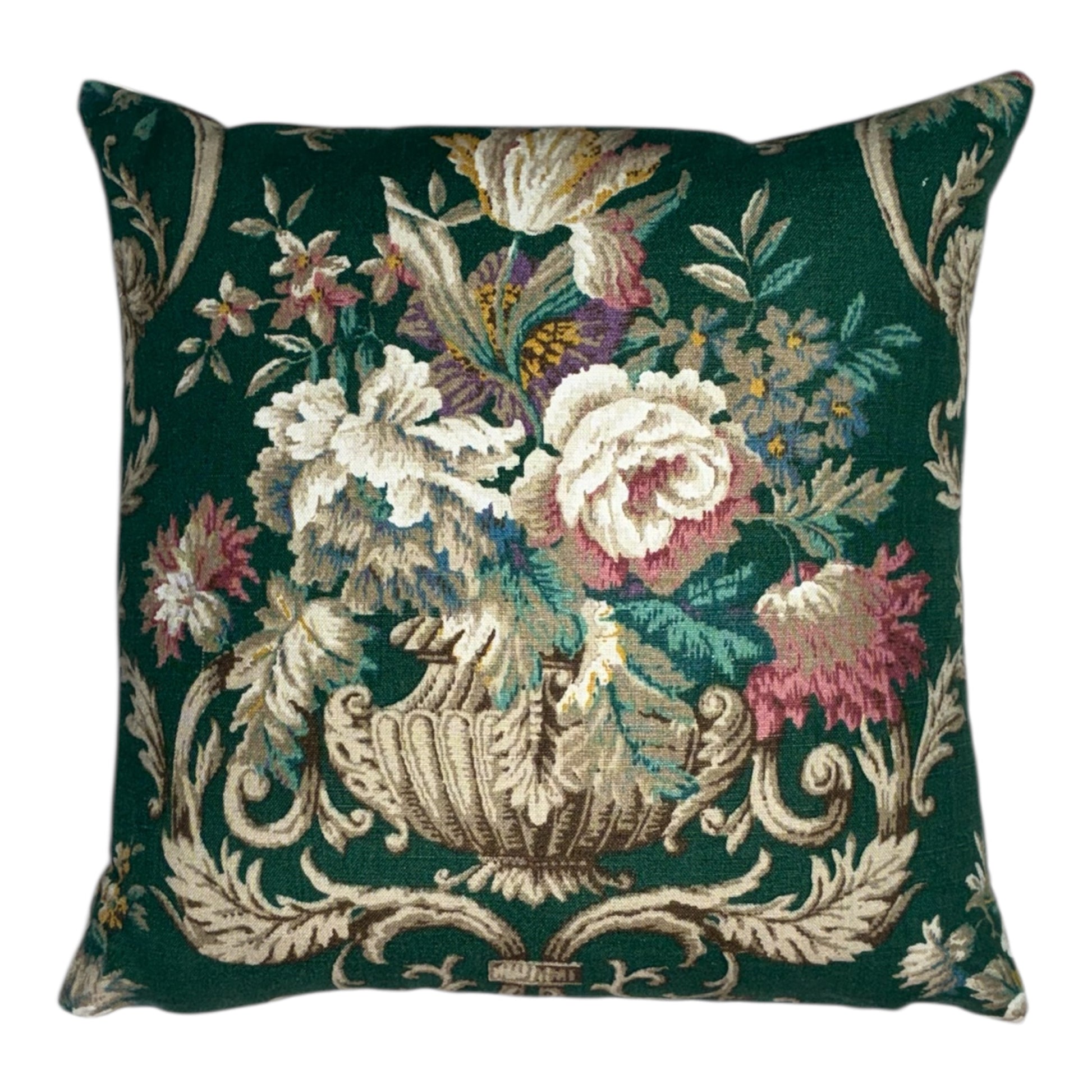 Decorative pillow with floral and leaf pattern on a green background 50 x 50 cm red and off white checked back