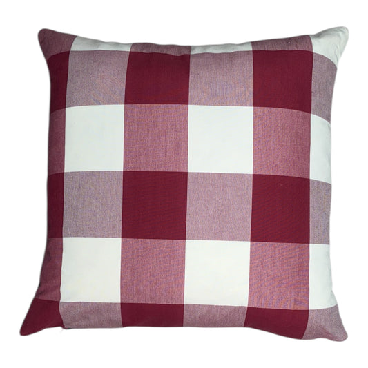 Red and white checkered pillow back, front detail green urn and floral