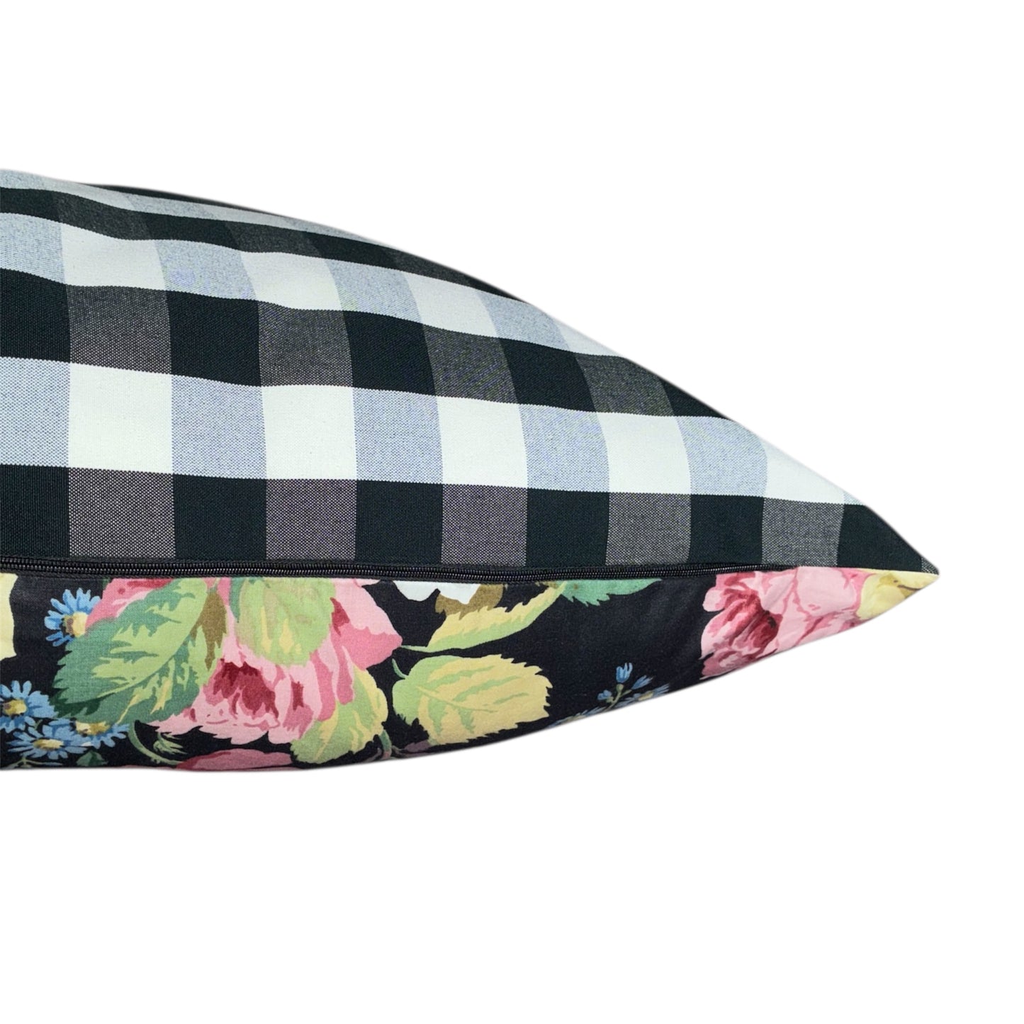 Vintage floral cushion on dark ground with check reverse Pink Blue gree