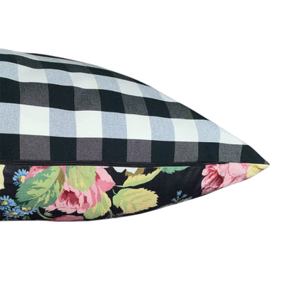 Vintage floral cushion on dark ground with check reverse Pink Blue gree
