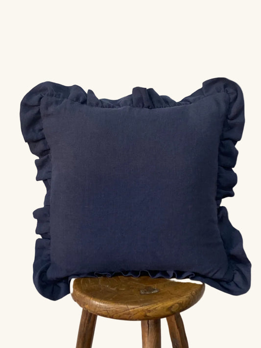 Navy blue pillow with ruffled edges Stonewashed Indigo European line frill cushion 50 x 50 cm. Feather insert.