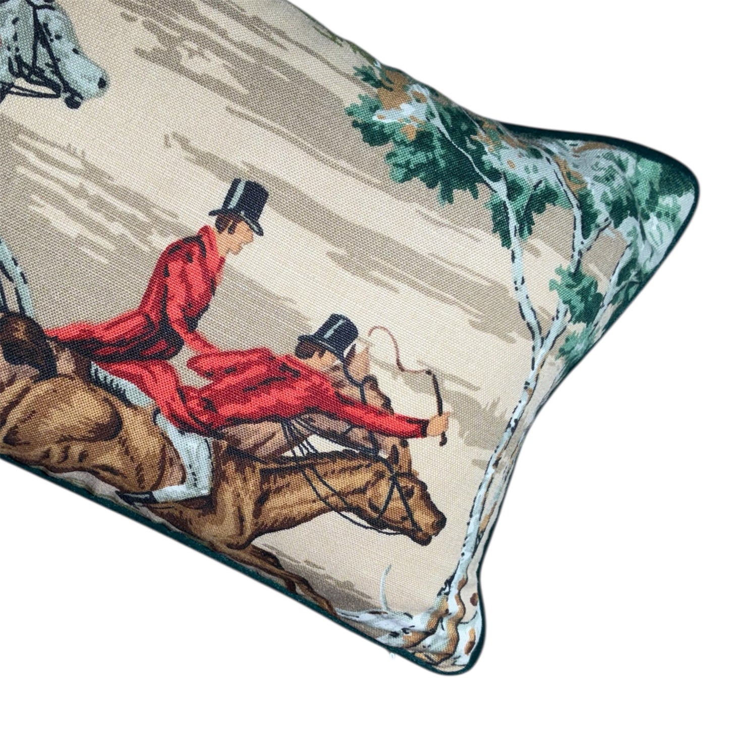 Decorative pillow with horse and rider design on a beige background Green Colourway. Rare Fabric