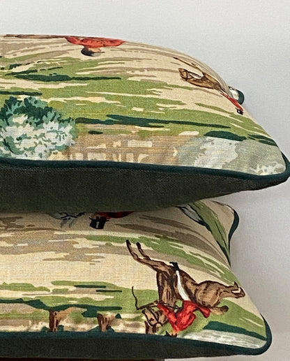 Decorative pillow with horse nature-themed design green Linen. Rare Tally ho Sanderson 