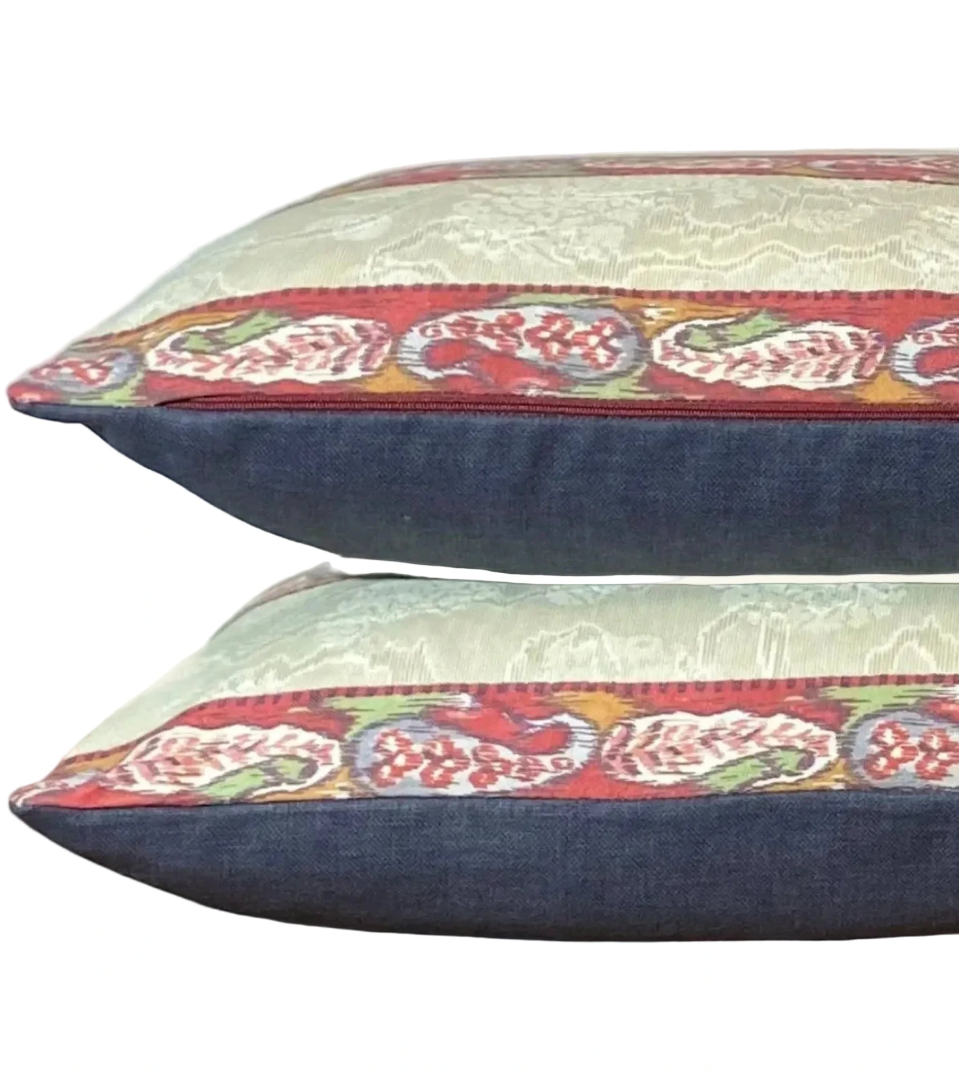 Vintage English fabric paired with classic denim. Perfect for a contemporary country room. 40 x 60 its a great size for chair, lounge or a bed.