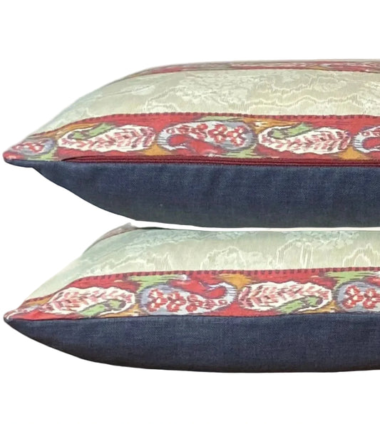 Vintage English fabric paired with classic denim. Perfect for a contemporary country room. 40 x 60 its a great size for chair, lounge or a bed.