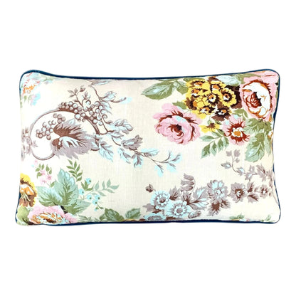 Floral patterned pillow Vintage Floral lumbar 30 x 50 cm Cushion, backed with a classic blue and white classic checker back
