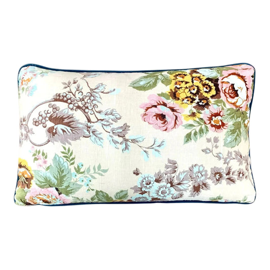 Floral patterned pillow Vintage Floral lumbar 30 x 50 cm Cushion, backed with a classic blue and white classic checker back