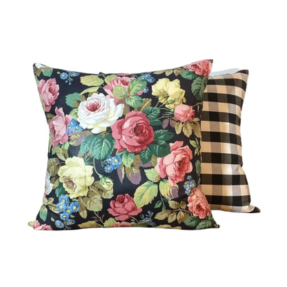 Vintage floral cushion on dark ground with check reverse