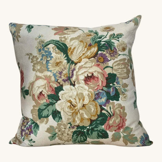 Vintage Sanderson floral design in warm gold, rose pink and soft greens on a natural linen ground, backed with a lovely navy blue.