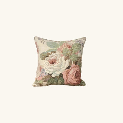 Beautiful 30x30cm cushion featuring vintage rose floral design on the front and elegant striped linen on the back.