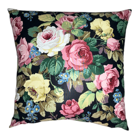 Vintage floral cushion on dark ground with check reverse european sized black chelsea chintz Sanderson