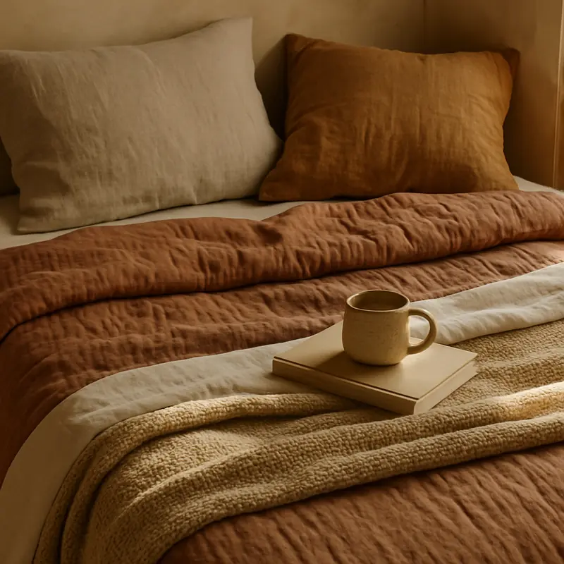 Cozy bed layered with linen pillows, rust duvet and a knitted throw